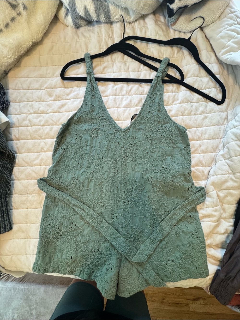 Zara Embroidered Sage Green Romper with Tie